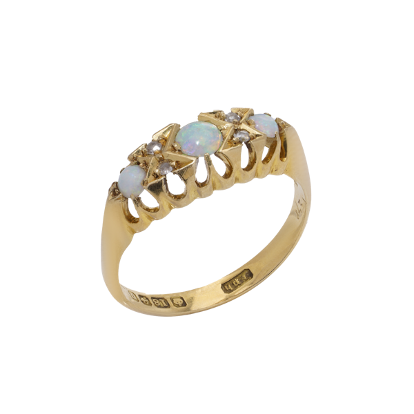 18kt gold three - stone opal and diamond ring. - image 1