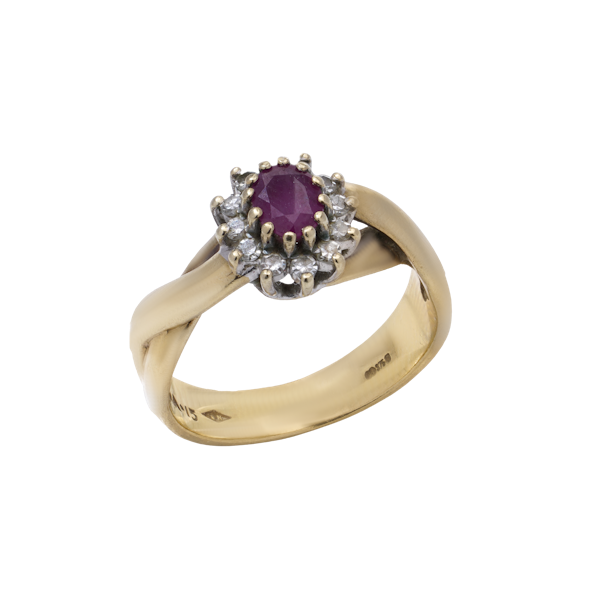 9kt yellow gold ruby and diamond cluster ring - image 1