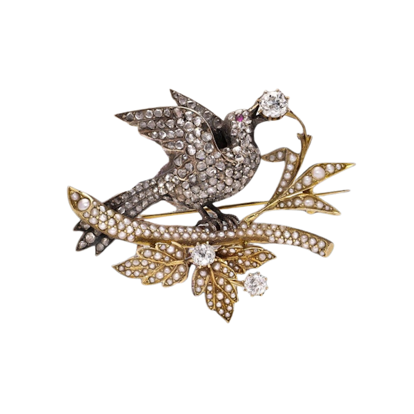 Victorian 18kt yellow and pink gold and silver bird brooch - image 1