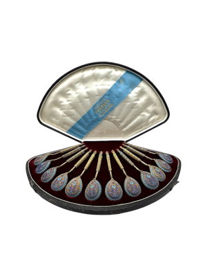 Russian silver gilt and cloisonné enamel set of 12 coffee spoons by G. Grachev, St Petersburg, c.1880