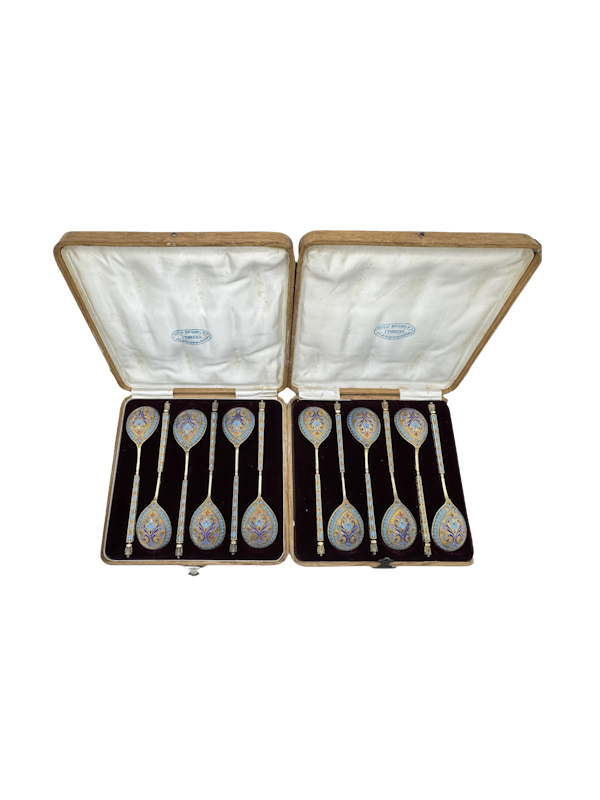 Russian silver guild and cloisonné enamel set of twelve desert spoons by Grachev, St Petersburg, c.1880 - image 1