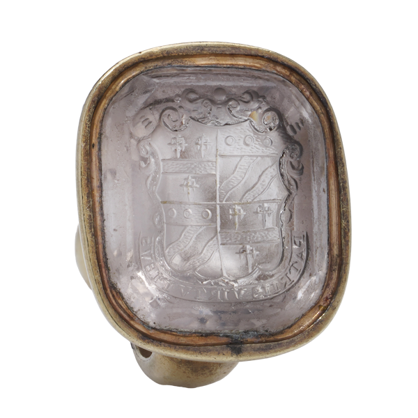 Victorian pinchbeck crystal seal fob with Latin motto - image 1