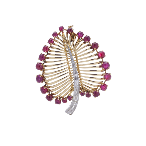 Vintage Retro Gold and Platinum ruby leaf shaped brooch - image 1