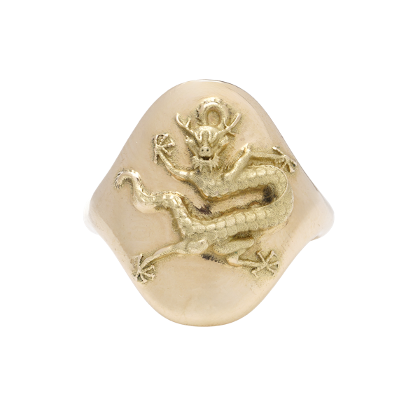 Vintage French 18kt gold dragon motif signet ring. - image 1