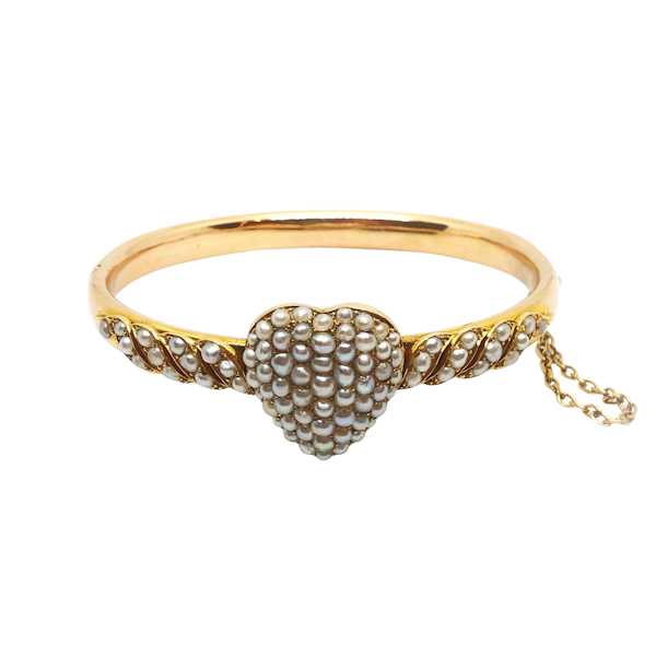 Victorian Natural Pearl and Gold Heart Bangle, Circa 1880 - image 1