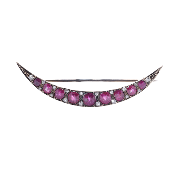 Victorian 9kt Gold ruby and diamond crescent brooch - image 1