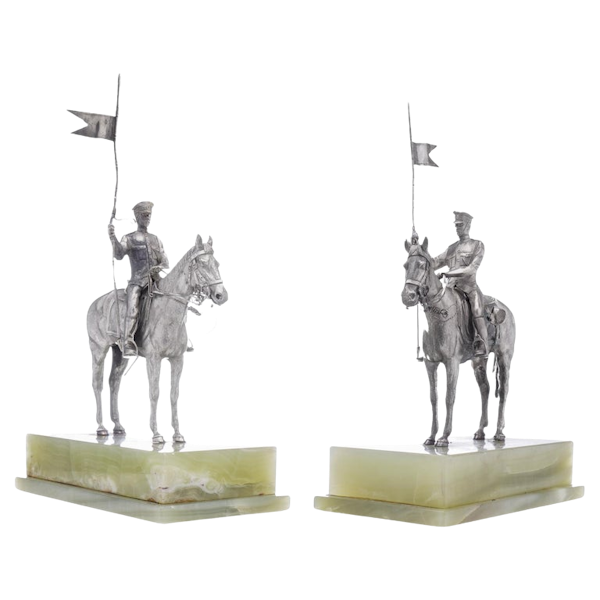 Asprey pair or horse-riding solid silver figurines on marble base - image 1