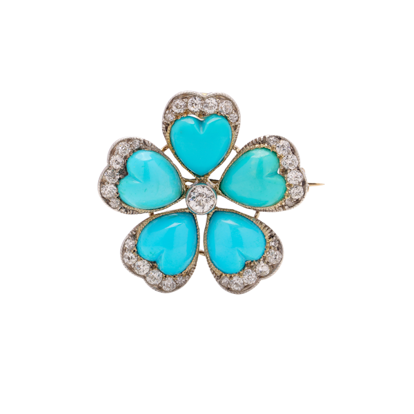 Victorian 9kt gold and silver diamond turquoise flower head brooch - image 1