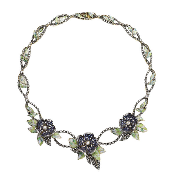 Moira Sapphire, Diamond, Plique a Jour Enamel, Silver and Gold Triple Flower and Leaf Necklace - image 1