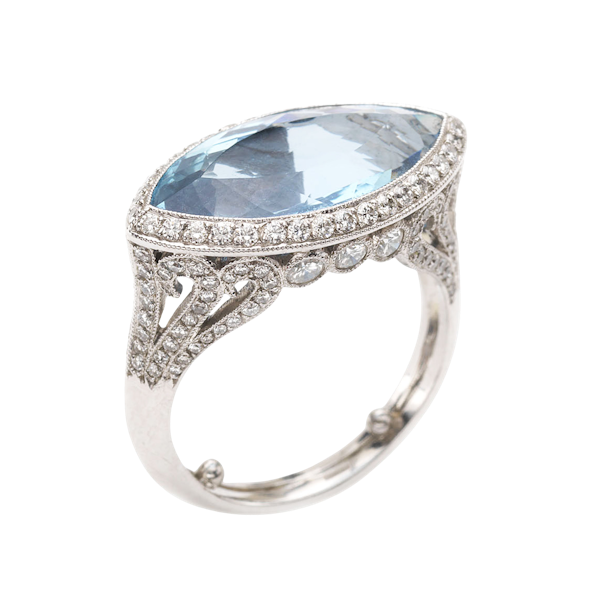 Modern Navette Aquamarine, Diamond and Platinum Ring, 4.69 Carats - image 1