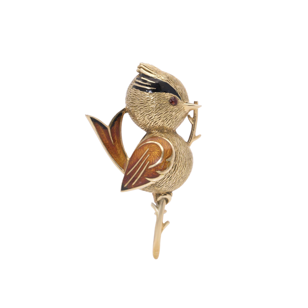 Vintage 18kt yellow gold enamelled bird brooch - image 1