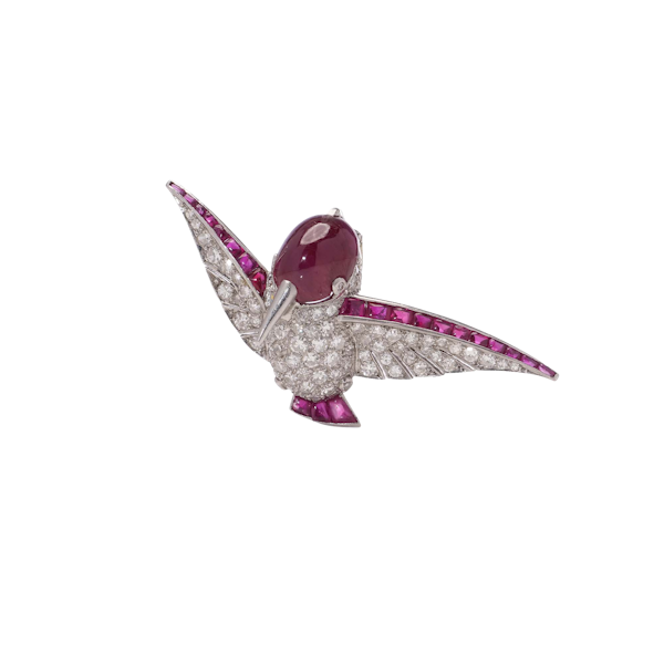 Vintage platinum diamond and ruby hummingbird brooch - image 1