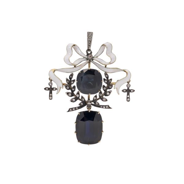 Victorian 15kt gold and silver diamond sapphire pendant - image 1