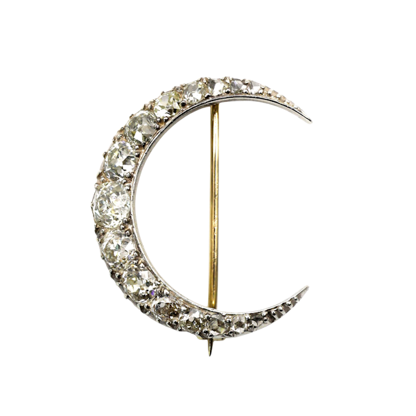 Antique Diamond and Silver Upon Gold Crescent Brooch, Circa 1890, 4.00 Carats - image 1