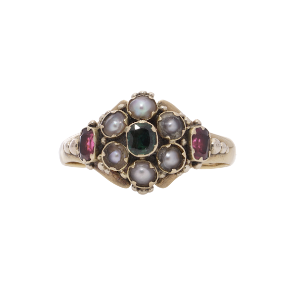 Victorian 18kt Gold Ring with Pearls, Garnet, and Emerald - image 1