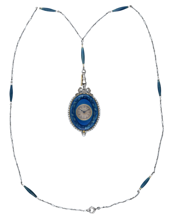 Gold and Enamel Oval Pendant Watch and Chain - image 1