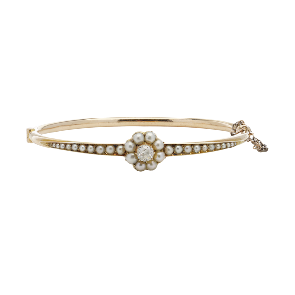 Victorian 15kt gold pearl and diamond bangle - image 1