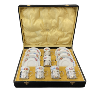 Antique Sterling silver holder Porcelain demitasse coffee/ tea cups Boxed