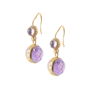 Cabochon Amethyst Drop Earrings | Engraved 18ct Gold | French c.1880s