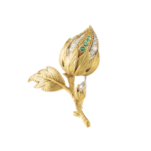 Flower Brooch by René Kern in 18ct Gold with Diamonds & Emeralds | French, c.1960s