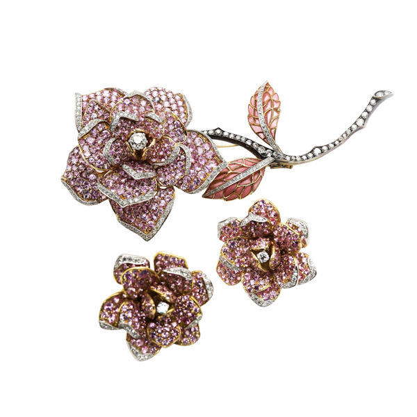 Modern Moira Pink Sapphire Diamond Gold and Silver Rose Brooch and Earrings Suite - image 1