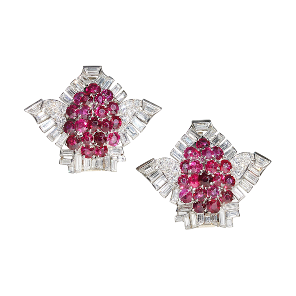 Pair of Cartier Art Deco Ruby, Diamond and Platinum Clips, Circa 1937 - image 1