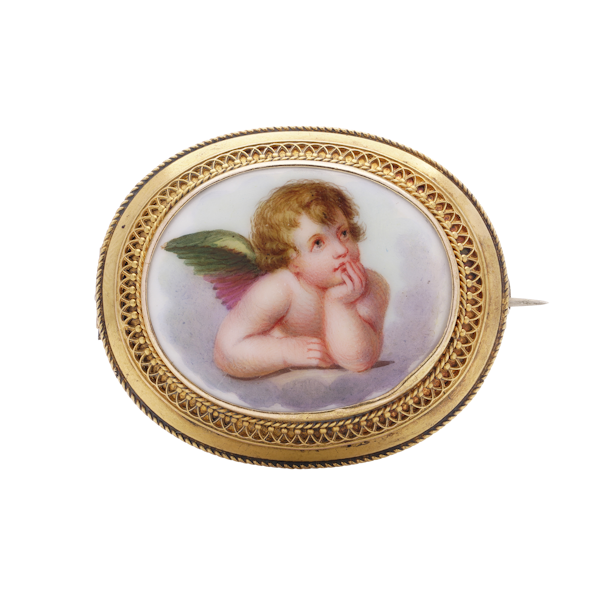 Victorian 18kt gold hand - painted enamel cherub brooch - image 1