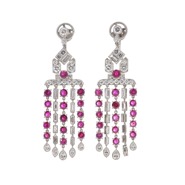 Platinum Art Deco Ruby and Diamond Chandelier Earrings - image 1