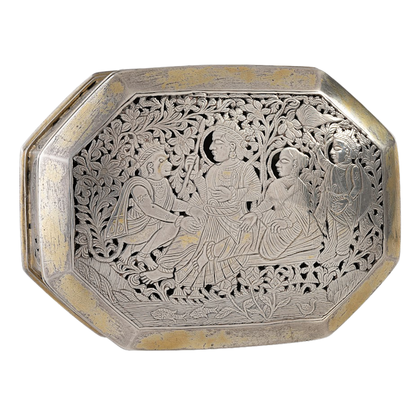 A fine and important 18th century Indian silver and parcel gilt octagonal pandan box with pierced and engraved decoration. - image 1