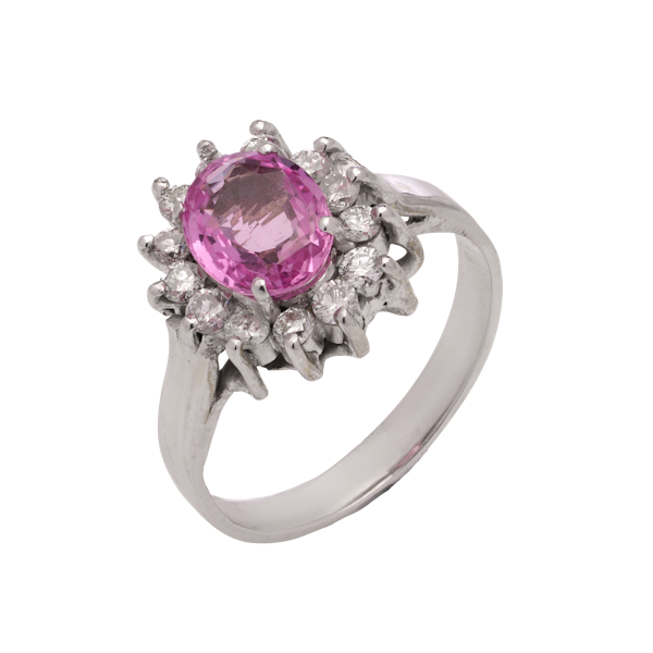 18kt white gold pink sapphire and diamond cluster ring. - image 1