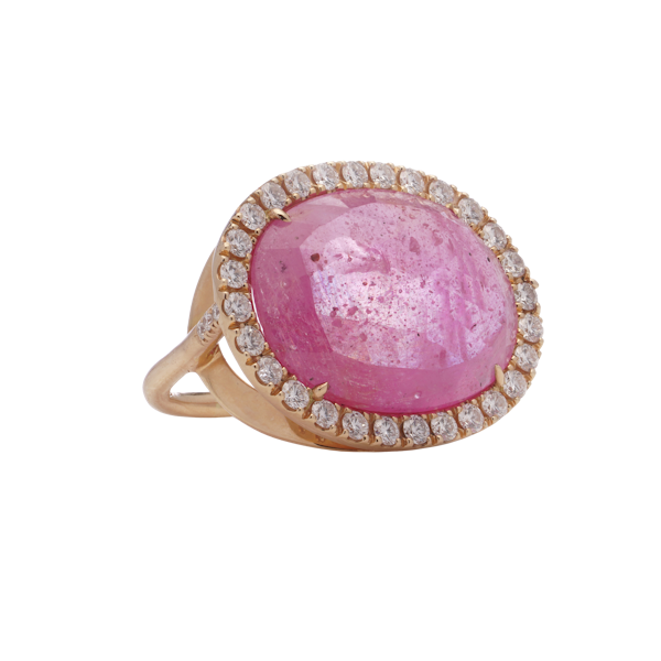 18kt Gold Ring with a glass - filled ruby and diamonds. - image 1