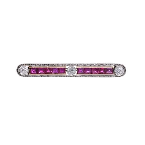 Antique 9kt Gold and Silver Bar Brooch with diamonds and rubies - image 1