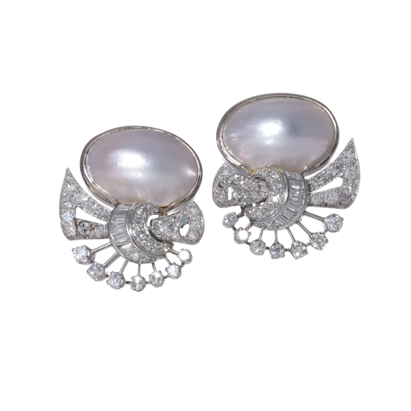 Vintage Platinum Half Pearl and Diamond Clip-On Earrings. - image 1