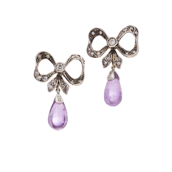 14kt gold and silver night and day amethyst bow earrings - image 1