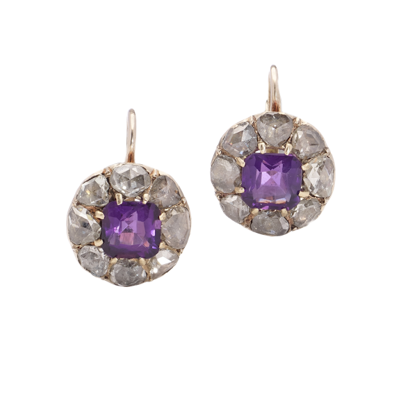 Victorian 9kt Gold Amethyst Diamond Cluster Earrings - image 1