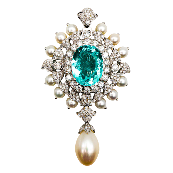 Paraiba Tourmaline, Diamond, Pearl and White Gold Brooch-cum-Pendant, Circa 1990 - image 1