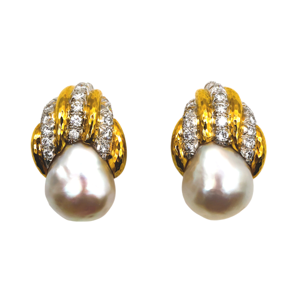 Vintage David Webb Pearl, Diamond and Gold Earrings, 1.00ct, Circa 1980 - image 1