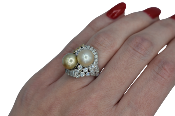 Natural Pearl & Intense Fancy Yellow Diamond Ring - image 2