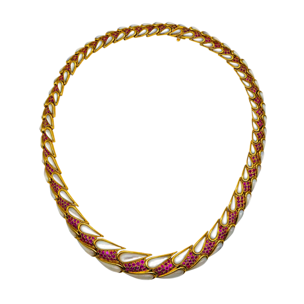 Vintage Mauboussin Gold, Ruby and Mother of Pearl Necklace, Circa 1970 - image 1