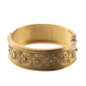 Etruscan Revival Bangle | Floral & Ropework Detailing in 15ct Gold | Chester 1867