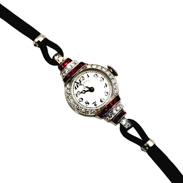 Tiffany & Co. Art Deco Ruby Diamond and Platinum Cocktail Watch With Double Cord Strap - image 1