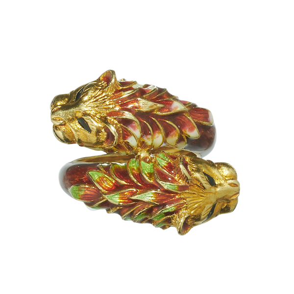 Vintage Enamel and Gold Double Lion Head Ring by Zolatas, Circa 1980 - image 1