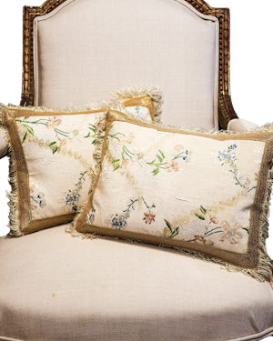 Downstairs at Grays: An extremely fine pair of French, Hand-Woven Silk Brocade panels with Silver Gilt Relief, presented as a pair of cushions. Panels Circa 1760.
