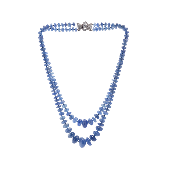 Natural Cabochon Sapphire double strand beaded necklace with platinum and diamond clasp. - image 1