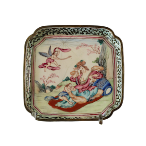 Canton enamel square saucer with canted corners, Qianlong (1736-95), decorated with a lady and 2 cherubs