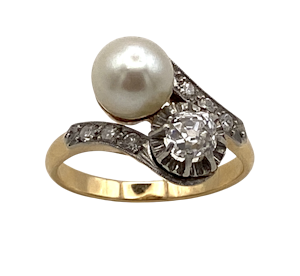 Edwardian diamond and pearl crossover ring