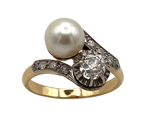 Edwardian diamond and pearl crossover ring - image 1