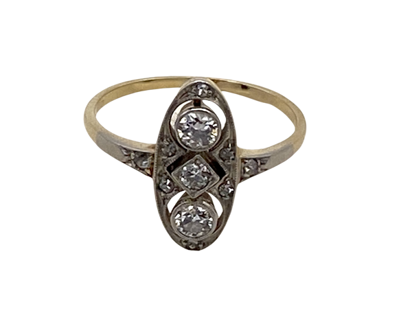 Edwardian lozenge shape 3 stone diamond ring with diamond shoulders - image 1