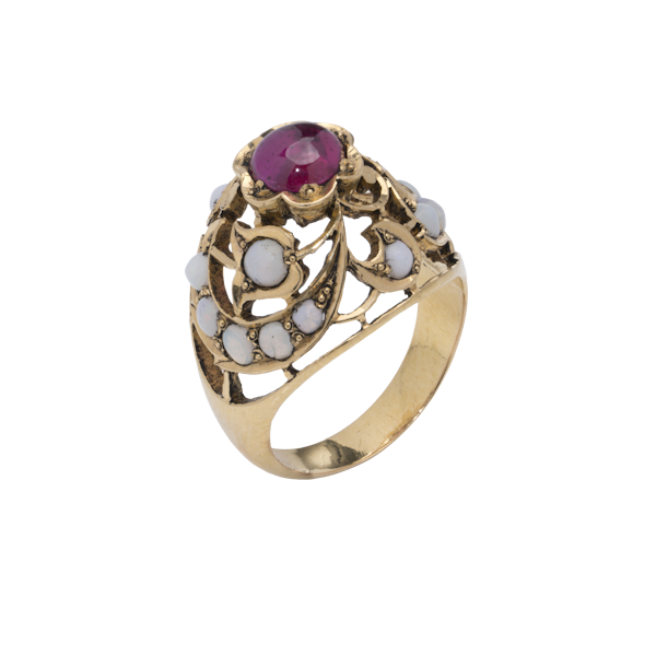 Antique 20K Gold Opal Ring with Centre Red Stone - image 1