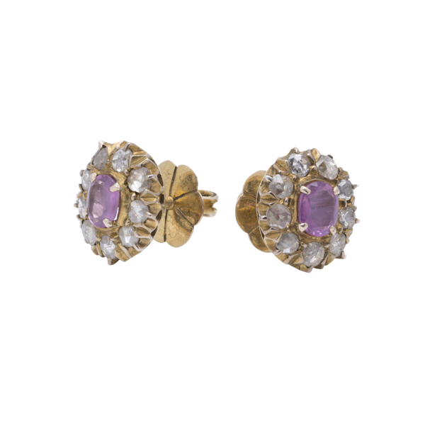 Victorian 9K Gold Pink Sapphire and Rose-Cut Diamond Screw-Back Earrings - image 1